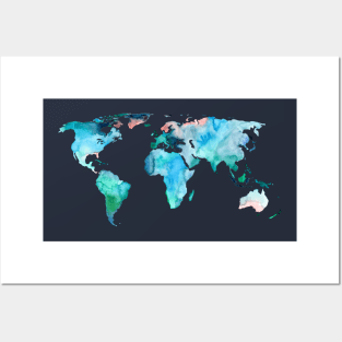 World Map in Indigo, Teal and Blush Pink Posters and Art